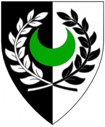 Per pale sable and argent, a crescent vert within a laurel wreath 
