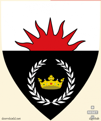 Per fess argent and sable, a demi-sun gules, a crown or in base environed of a laurel wreath argent