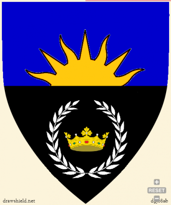 Per fess azure and sable, a demi-sun or, a crown or in base environed of a laurel wreath argen