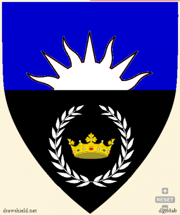 Per fess azure and sable, a demi-sun argent, a crown or in base environed of a laurel wreath argent (e.g. "Principality of the Dawn" or "Principality of First Light")