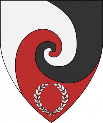 Gyronny arrondi of three argent, sable and gules, in base a laurel wreath argent
