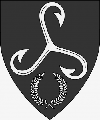 Sable, a triskele of fishing hooks and in base a laurel wreath argent