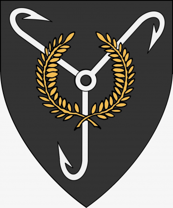 Sable, a triskele of fishing hooks argent, overall a laurel wreath Or