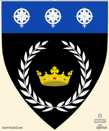 sable a crown or environed of a laurel wreath argent three compass roses argent inverted on a chief azure